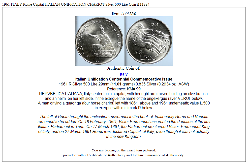 1961 ITALY Rome Capital ITALIAN UNIFICATION CHARIOT Silver 500 Lire Coin i111384