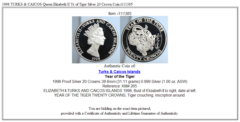 1998 TURKS & CAICOS Queen Elizabeth II Yr of Tiger Silver 20 Crown Coin i111385