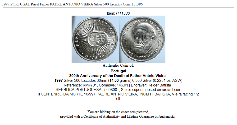 1997 PORTUGAL Priest Father PADRE ANTONIO VIEIRA Silver 500 Escudos Coin i111386