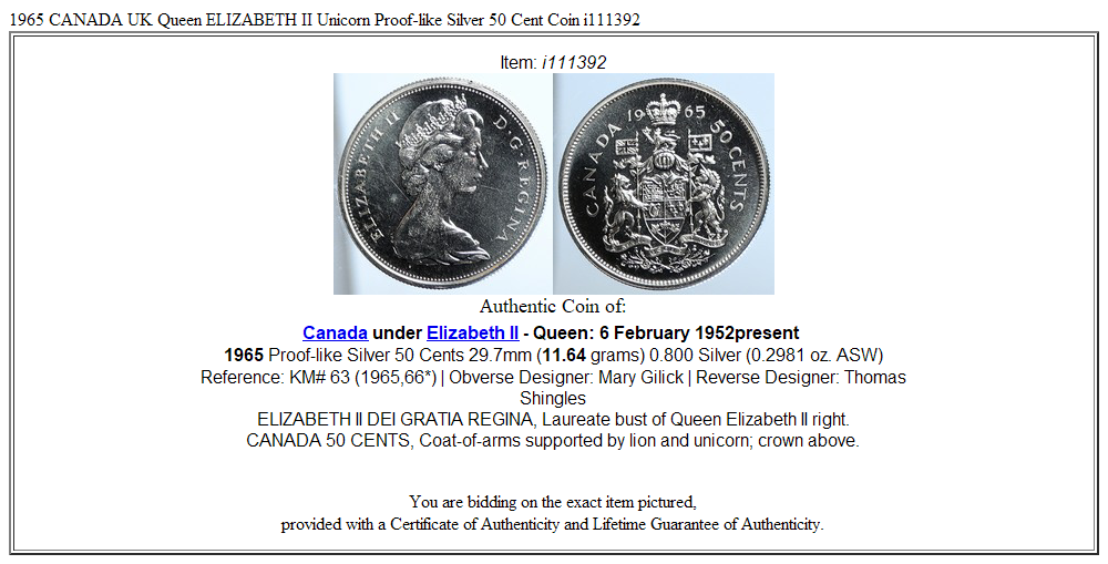 1965 CANADA UK Queen ELIZABETH II Unicorn Proof-like Silver 50 Cent Coin i111392