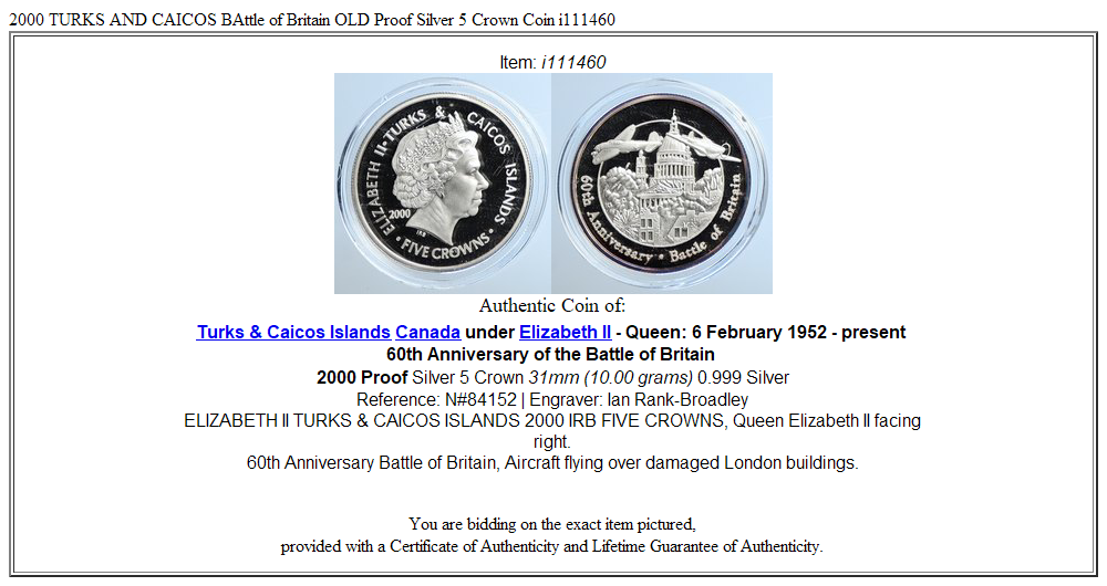 2000 TURKS AND CAICOS BAttle of Britain OLD Proof Silver 5 Crown Coin i111460