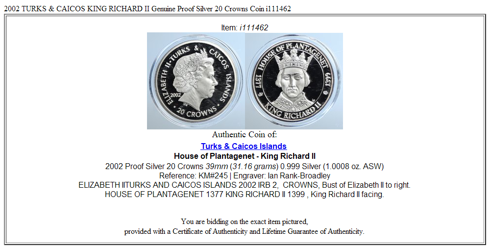 2002 TURKS & CAICOS KING RICHARD II Genuine Proof Silver 20 Crowns Coin i111462