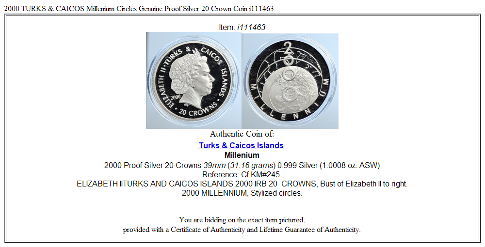 2000 TURKS & CAICOS Millenium Circles Genuine Proof Silver 20 Crown Coin i111463