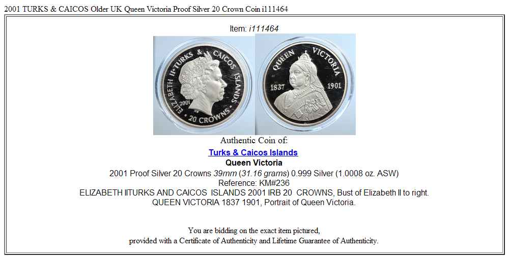 2001 TURKS & CAICOS Older UK Queen Victoria Proof Silver 20 Crown Coin i111464