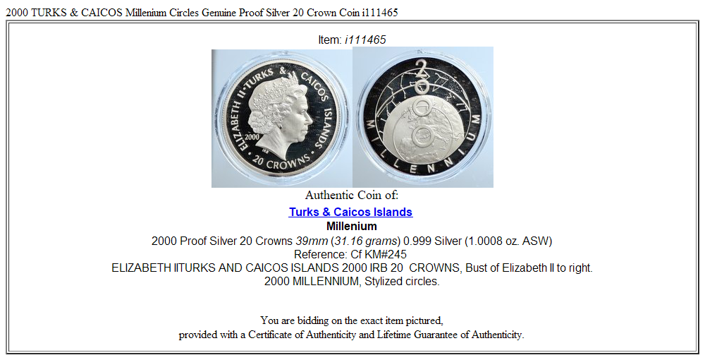 2000 TURKS & CAICOS Millenium Circles Genuine Proof Silver 20 Crown Coin i111465