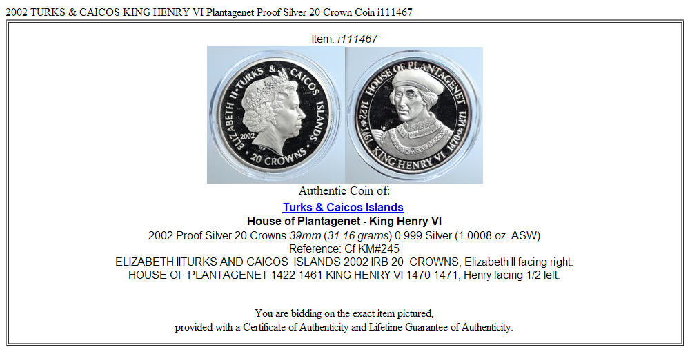 2002 TURKS & CAICOS KING HENRY VI Plantagenet Proof Silver 20 Crown Coin i111467