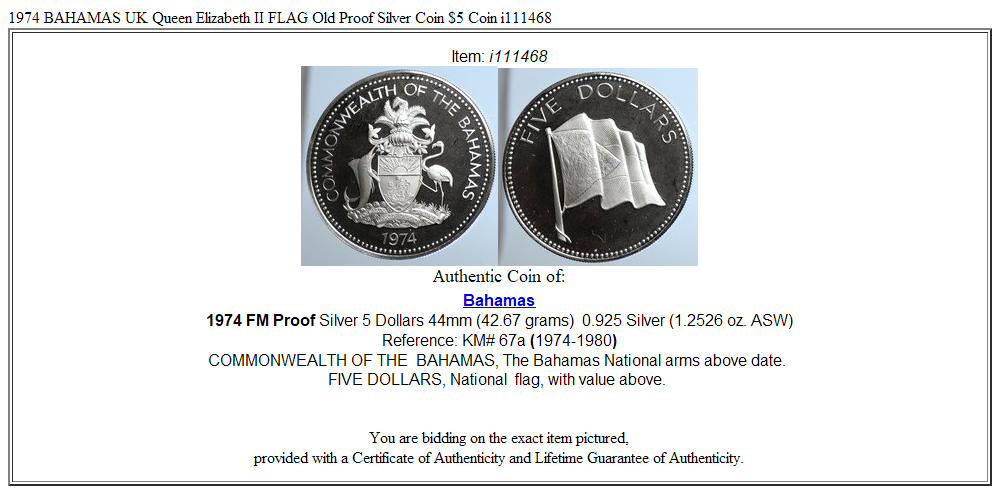 1974 BAHAMAS UK Queen Elizabeth II FLAG Old Proof Silver Coin $5 Coin i111468