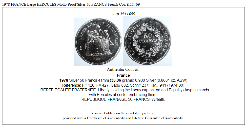 1978 FRANCE Large HERCULES Motto Proof Silver 50 FRANCS French Coin i111469