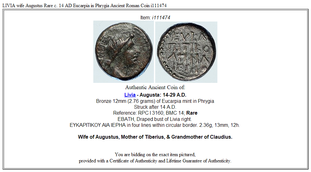 LIVIA wife Augustus Rare c. 14 AD Eucarpia in Phrygia Ancient Roman Coin i111474
