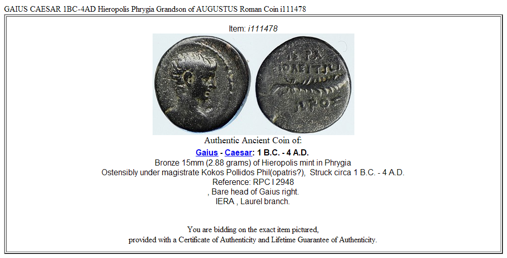 GAIUS CAESAR 1BC-4AD Hieropolis Phrygia Grandson of AUGUSTUS Roman Coin i111478