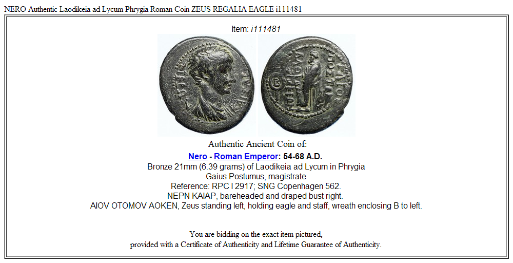 NERO Authentic Laodikeia ad Lycum Phrygia Roman Coin ZEUS REGALIA EAGLE i111481