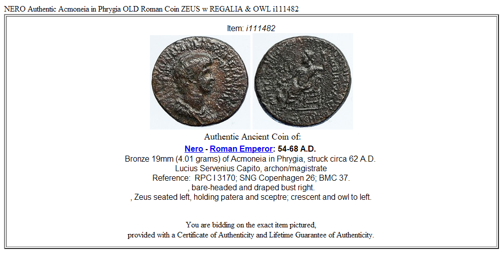 NERO Authentic Acmoneia in Phrygia OLD Roman Coin ZEUS w REGALIA & OWL i111482