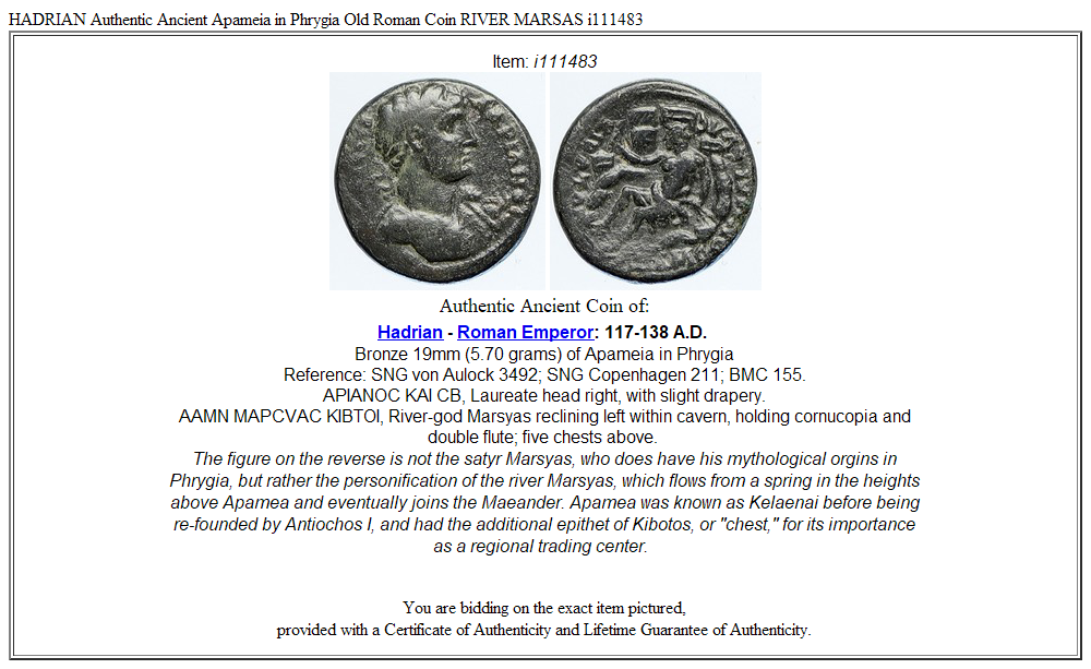 HADRIAN Authentic Ancient Apameia in Phrygia Old Roman Coin RIVER MARSAS i111483