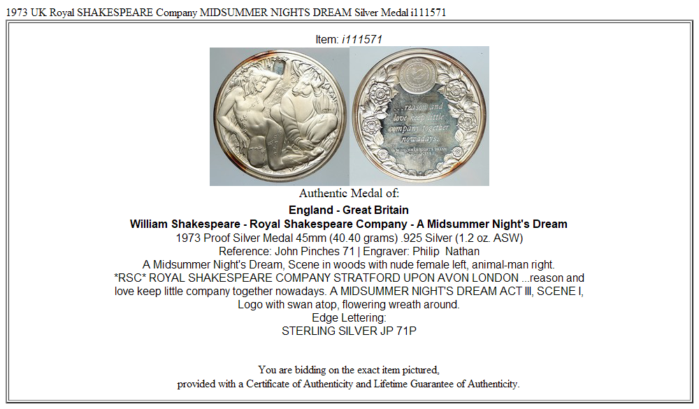 1973 UK Royal SHAKESPEARE Company MIDSUMMER NIGHTS DREAM Silver Medal i111571