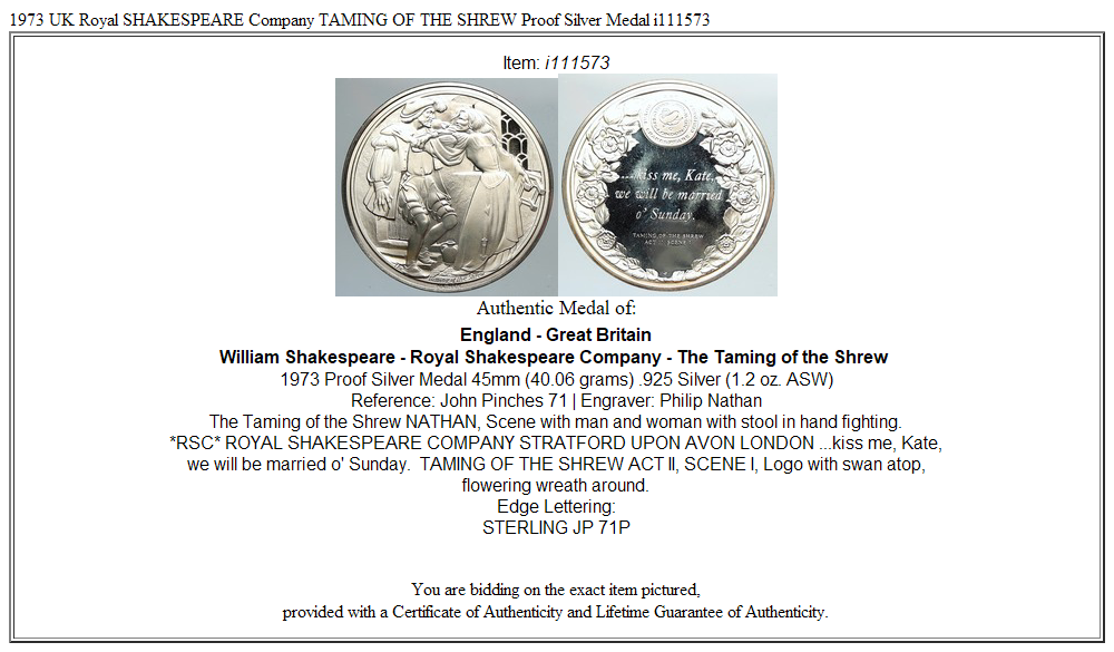 1973 UK Royal SHAKESPEARE Company TAMING OF THE SHREW Proof Silver Medal i111573