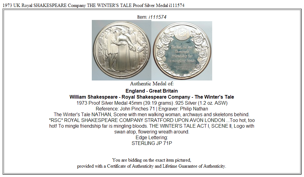 1973 UK Royal SHAKESPEARE Company THE WINTER'S TALE Proof Silver Medal i111574