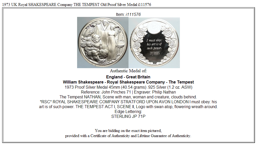 1973 UK Royal SHAKESPEARE Company THE TEMPEST Old Proof Silver Medal i111576