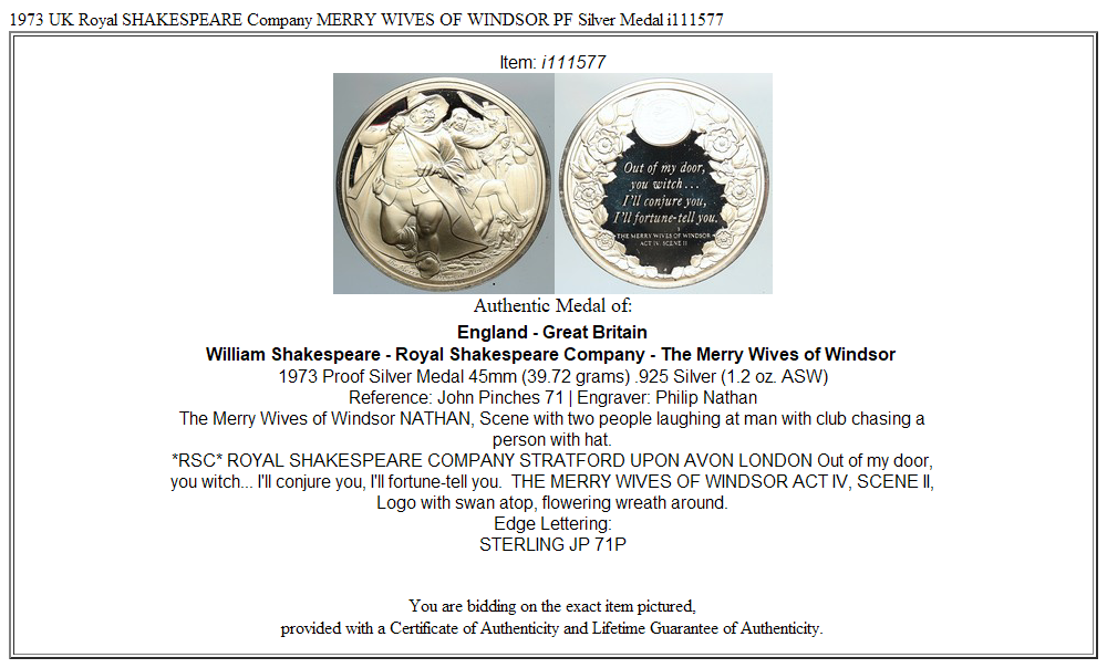 1973 UK Royal SHAKESPEARE Company MERRY WIVES OF WINDSOR PF Silver Medal i111577