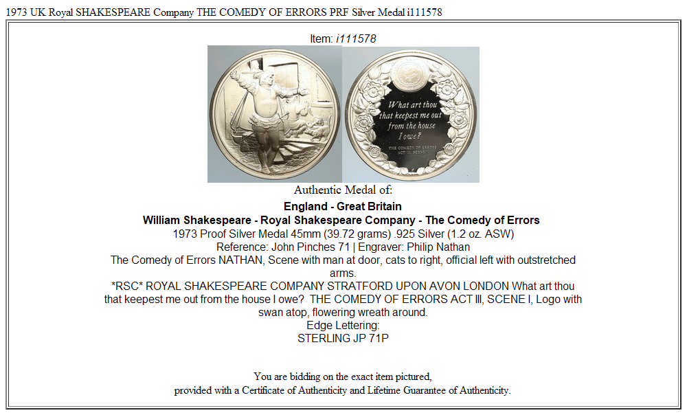 1973 UK Royal SHAKESPEARE Company THE COMEDY OF ERRORS PRF Silver Medal i111578