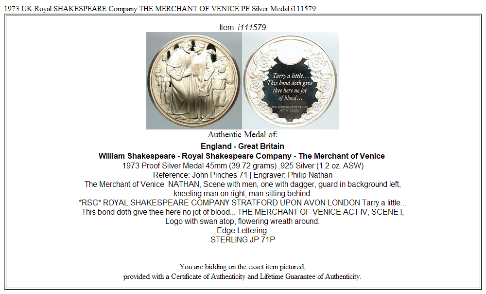 1973 UK Royal SHAKESPEARE Company THE MERCHANT OF VENICE PF Silver Medal i111579