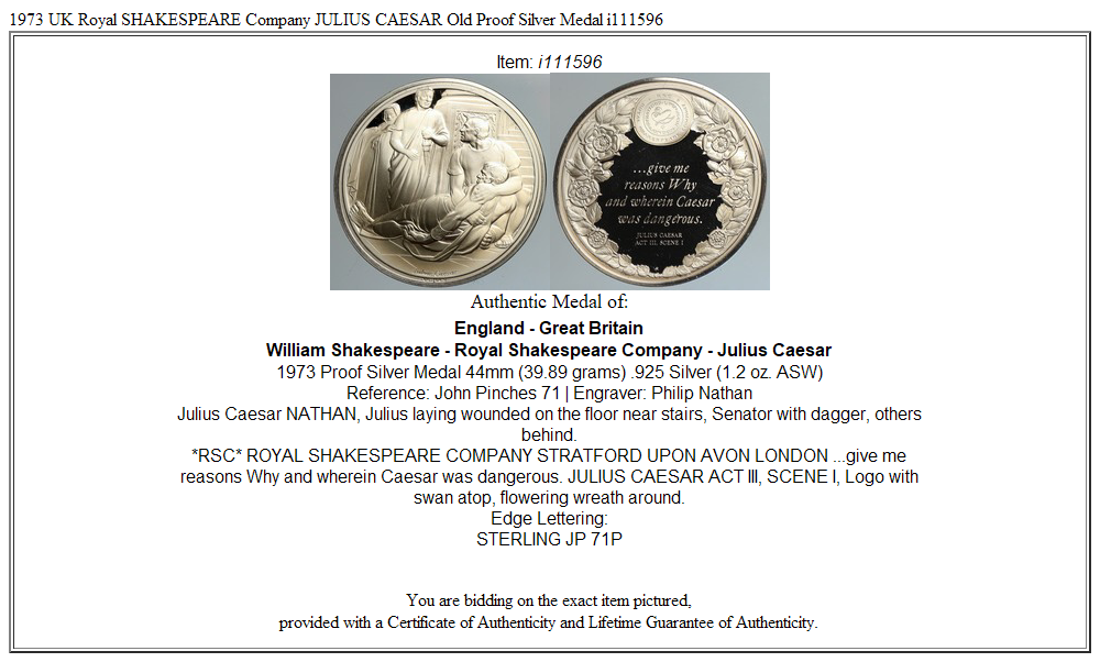 1973 UK Royal SHAKESPEARE Company JULIUS CAESAR Old Proof Silver Medal i111596