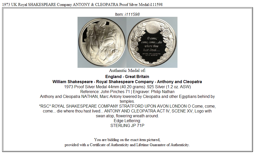 1973 UK Royal SHAKESPEARE Company ANTONY & CLEOPATRA Proof Silver Medal i111598