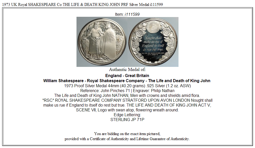 1973 UK Royal SHAKESPEARE Co THE LIFE & DEATH KING JOHN PRF Silver Medal i111599