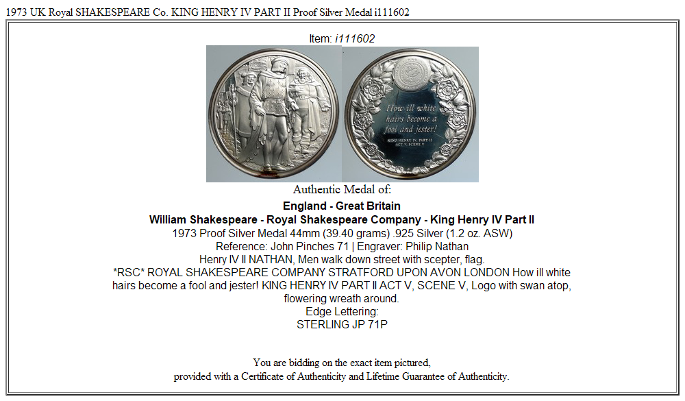 1973 UK Royal SHAKESPEARE Co. KING HENRY IV PART II Proof Silver Medal i111602