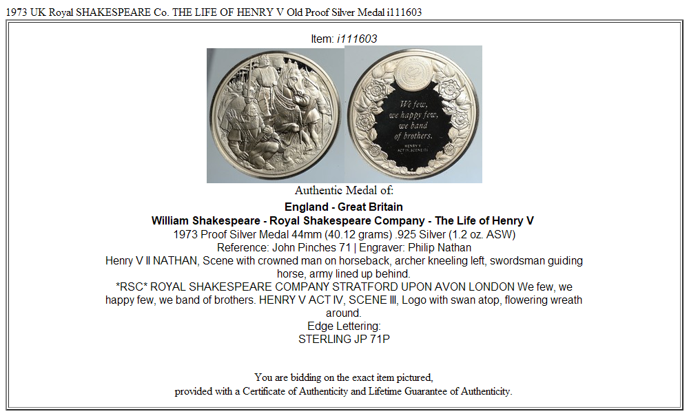 1973 UK Royal SHAKESPEARE Co. THE LIFE OF HENRY V Old Proof Silver Medal i111603