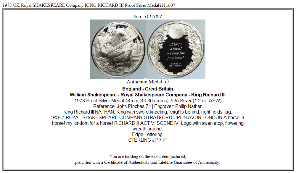 1973 UK Royal SHAKESPEARE Company KING RICHARD III Proof Silver Medal i111607