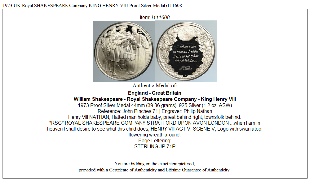 1973 UK Royal SHAKESPEARE Company KING HENRY VIII Proof Silver Medal i111608