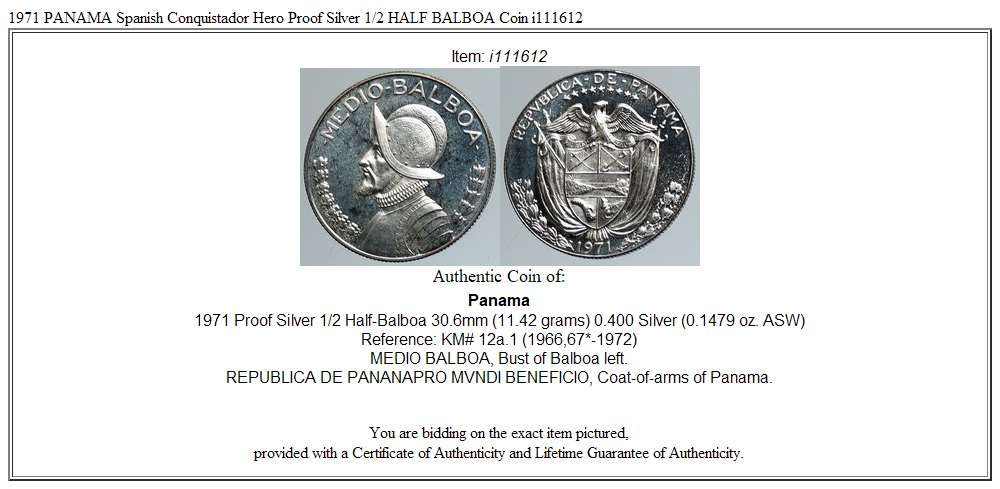 1971 PANAMA Spanish Conquistador Hero Proof Silver 1/2 HALF BALBOA Coin i111612