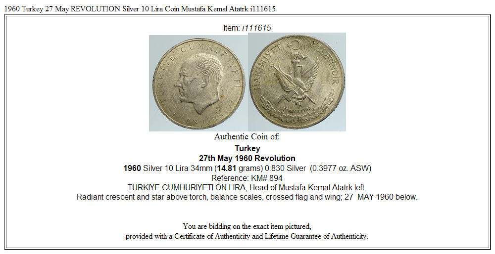 1960 Turkey 27 May REVOLUTION Silver 10 Lira Coin Mustafa Kemal Atatürk i111615