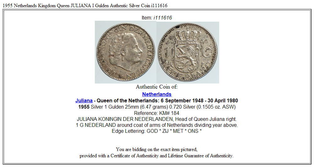 1955 Netherlands Kingdom Queen JULIANA I Gulden Authentic Silver Coin i111616