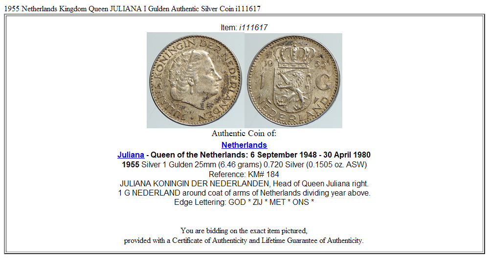 1955 Netherlands Kingdom Queen JULIANA I Gulden Authentic Silver Coin i111617