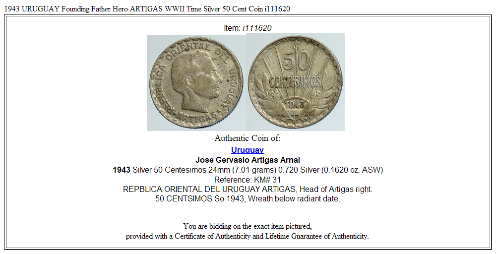 1943 URUGUAY Founding Father Hero ARTIGAS WWII Time Silver 50 Cent Coin i111620