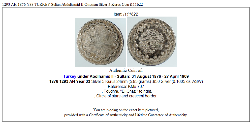 1293 AH 1876 Y33 TURKEY Sultan Abdulhamid II Ottoman Silver 5 Kurus Coin i111622