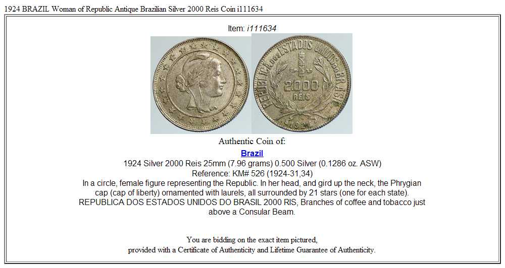 1924 BRAZIL Woman of Republic Antique Brazilian Silver 2000 Reis Coin i111634