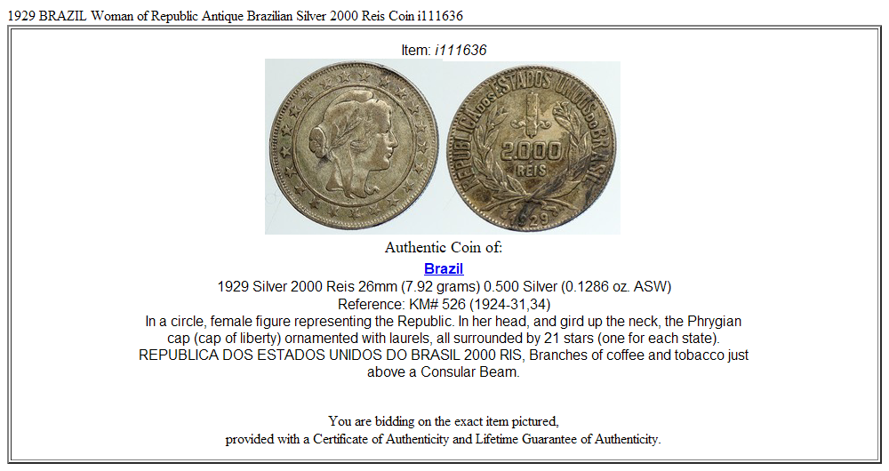 1929 BRAZIL Woman of Republic Antique Brazilian Silver 2000 Reis Coin i111636