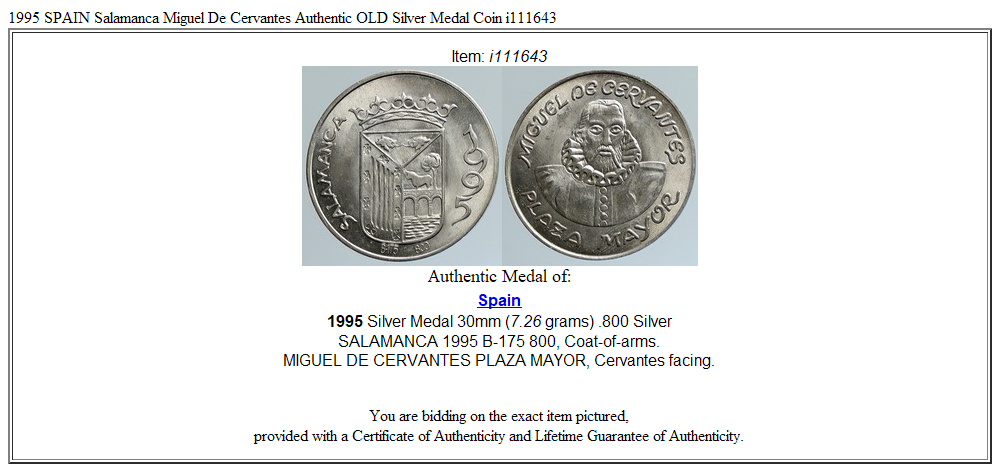 1995 SPAIN Salamanca Miguel De Cervantes Authentic OLD Silver Medal Coin i111643