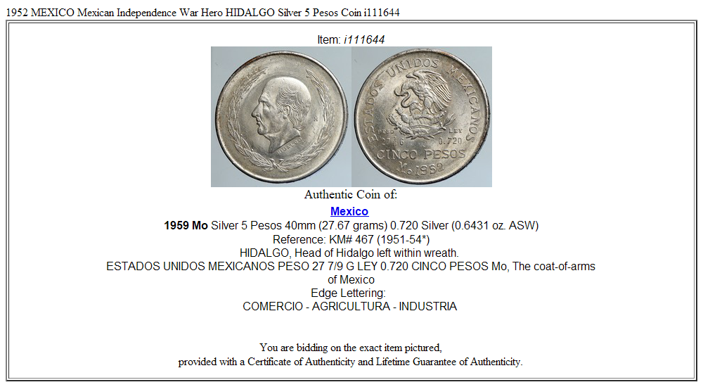 1952 MEXICO Mexican Independence War Hero HIDALGO Silver 5 Pesos Coin i111644