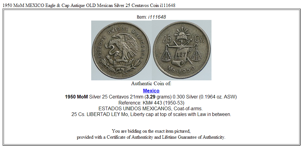 1950 MoM MEXICO Eagle & Cap Antique OLD Mexican Silver 25 Centavos Coin i111648