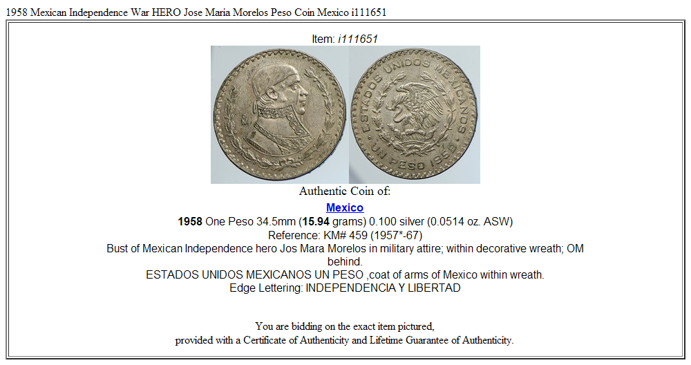 1958 Mexican Independence War HERO Jose Maria Morelos Peso Coin Mexico i111651