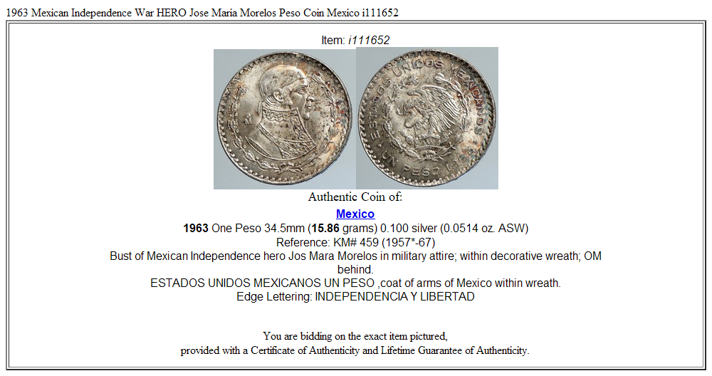 1963 Mexican Independence War HERO Jose Maria Morelos Peso Coin Mexico i111652