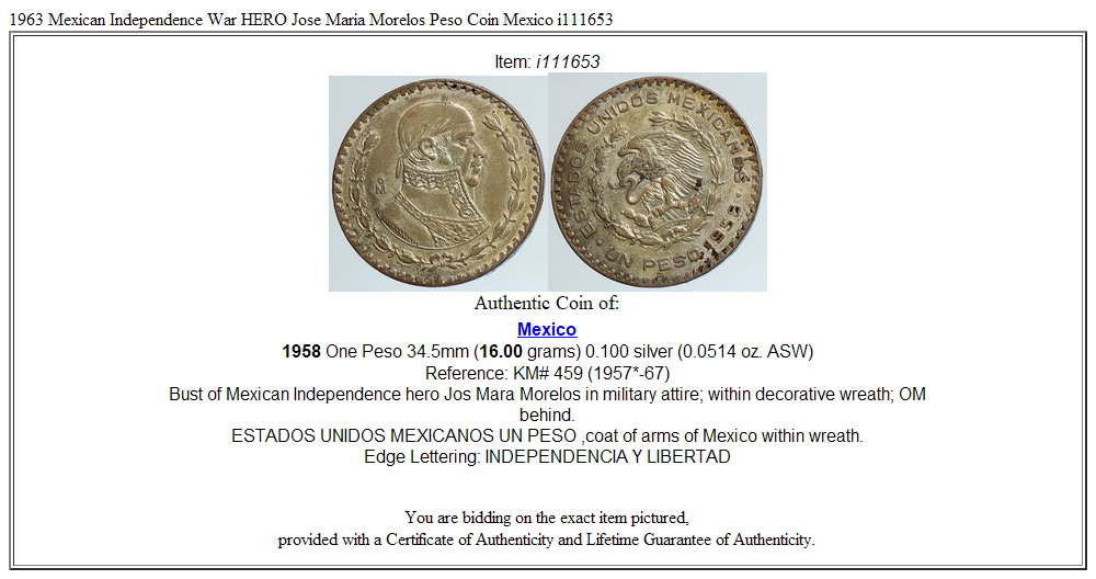 1963 Mexican Independence War HERO Jose Maria Morelos Peso Coin Mexico i111653