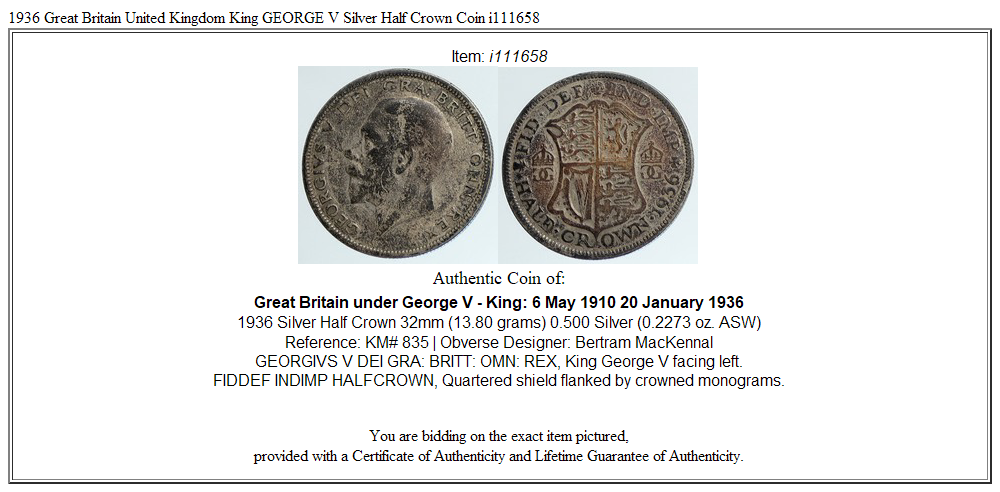 1936 Great Britain United Kingdom King GEORGE V Silver Half Crown Coin i111658