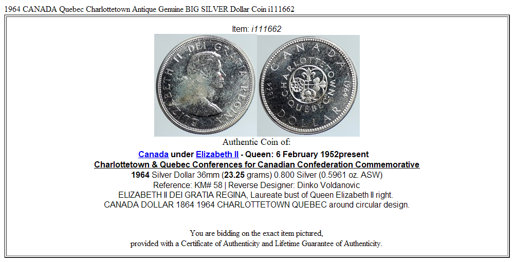 1964 CANADA Quebec Charlottetown Antique Genuine BIG SILVER Dollar Coin i111662