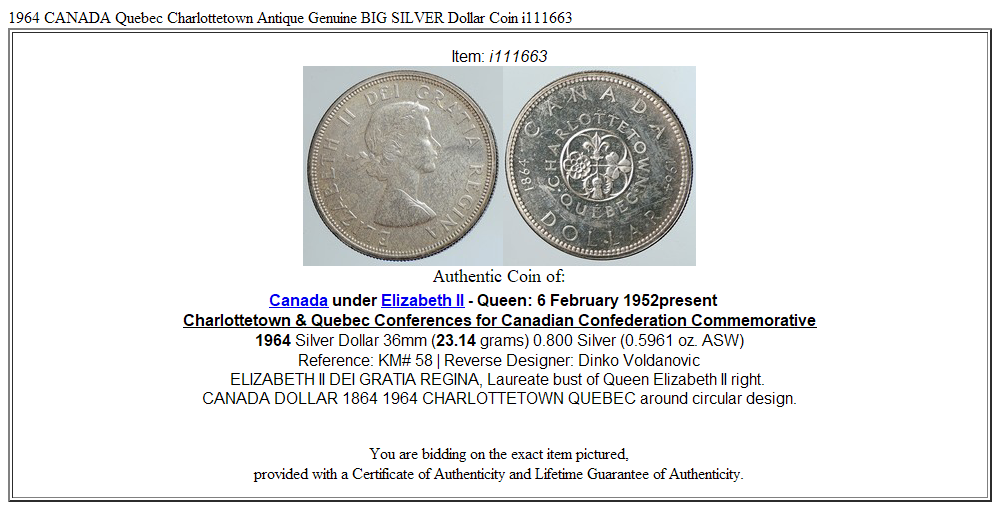 1964 CANADA Quebec Charlottetown Antique Genuine BIG SILVER Dollar Coin i111663