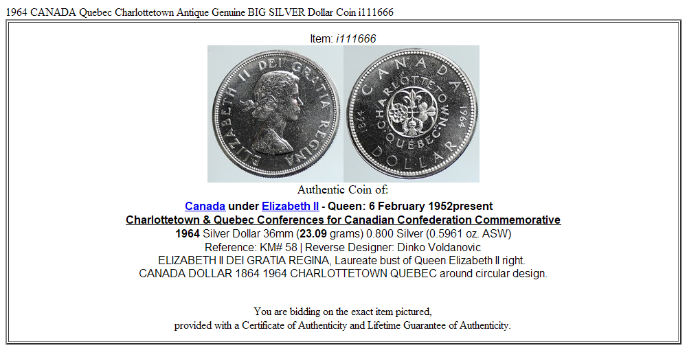 1964 CANADA Quebec Charlottetown Antique Genuine BIG SILVER Dollar Coin i111666