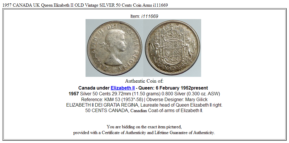 1957 CANADA UK Queen Elizabeth II OLD Vintage SILVER 50 Cents Coin Arms i111669